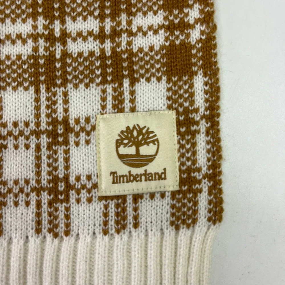 Timberland‎ Mens Plaid Knit Scarf Wheat Logo Patch Ribbed Trim NWT